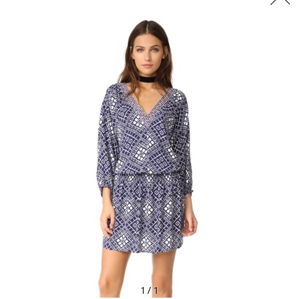 NEW Ella Moss Lilia Dress In Navy Blue Size Small Embroidered Trim Geometric